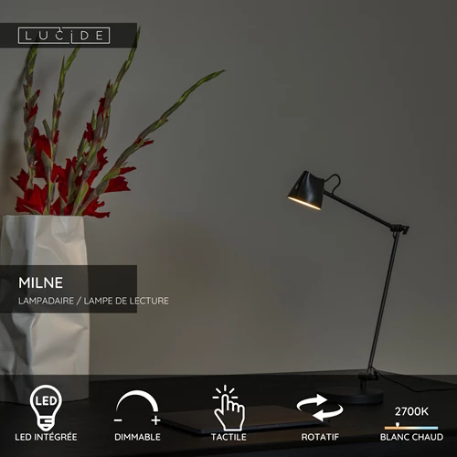 Lucide MILNE - Lampadaire / lampe de lecture - LED Dim. - 1x8W 2700K - Noir - USP